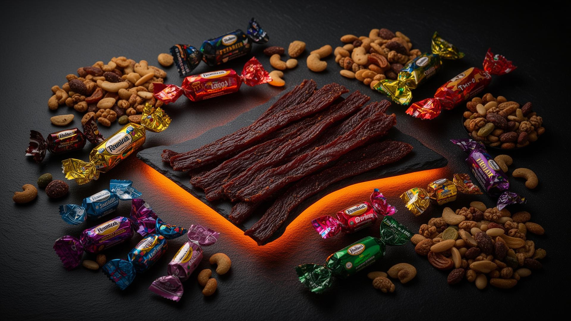 Assorted snacks: beef jerky, candy, and trail mix